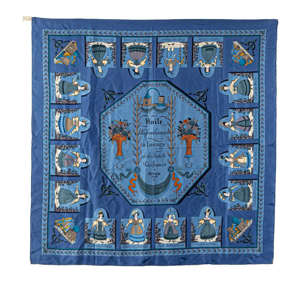 Hermès Huile Rafraichissante a L Usage de la Toilette Parfumee Silk Scarf Blue Silk Good condition - Front View