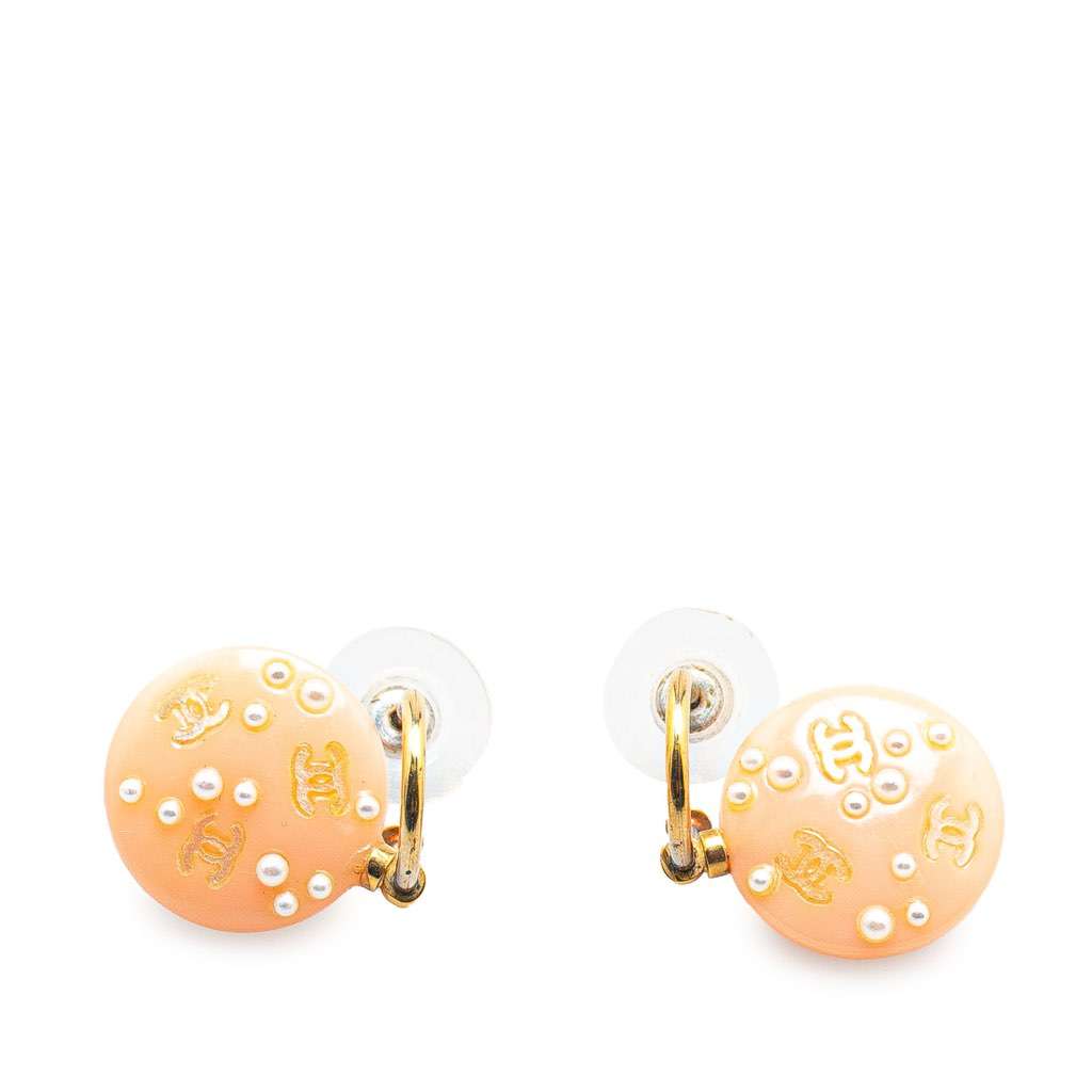 Chanel Gold Plated Faux Pearl Drop Push Back Earrings Pink Good condition - Front View