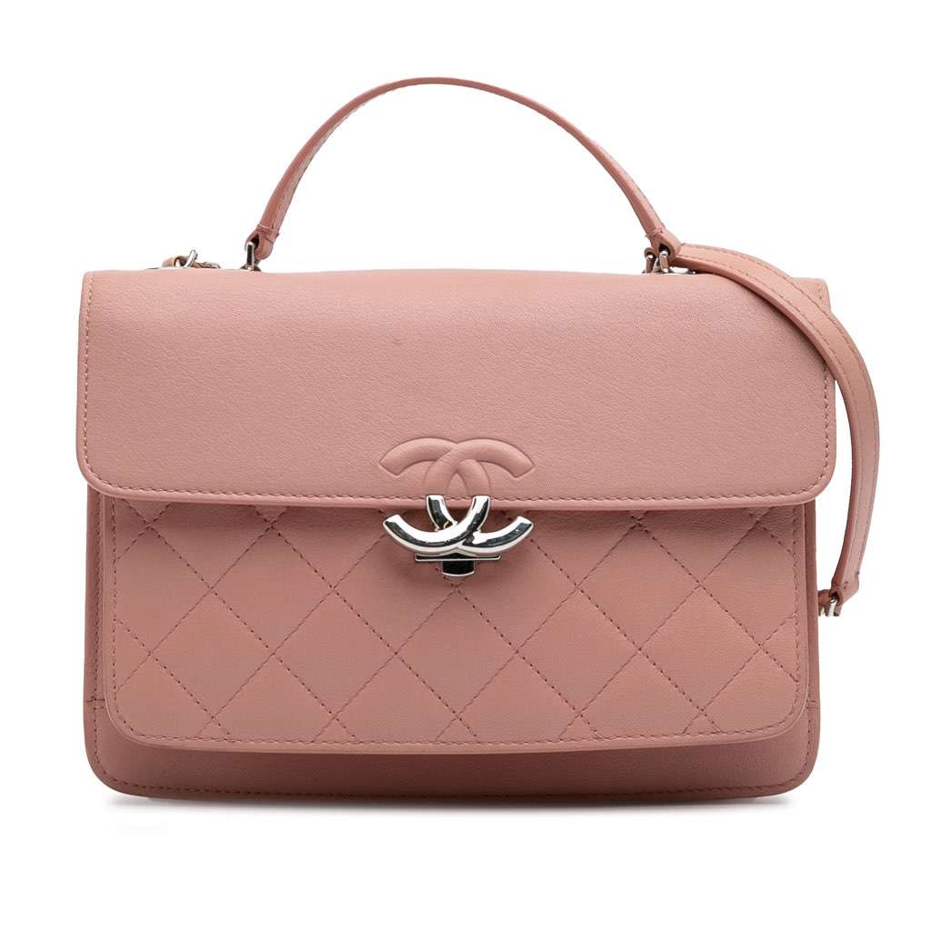 Chanel Large Quilted Goatskin CC Box Flap Pink Leather Good - Front View