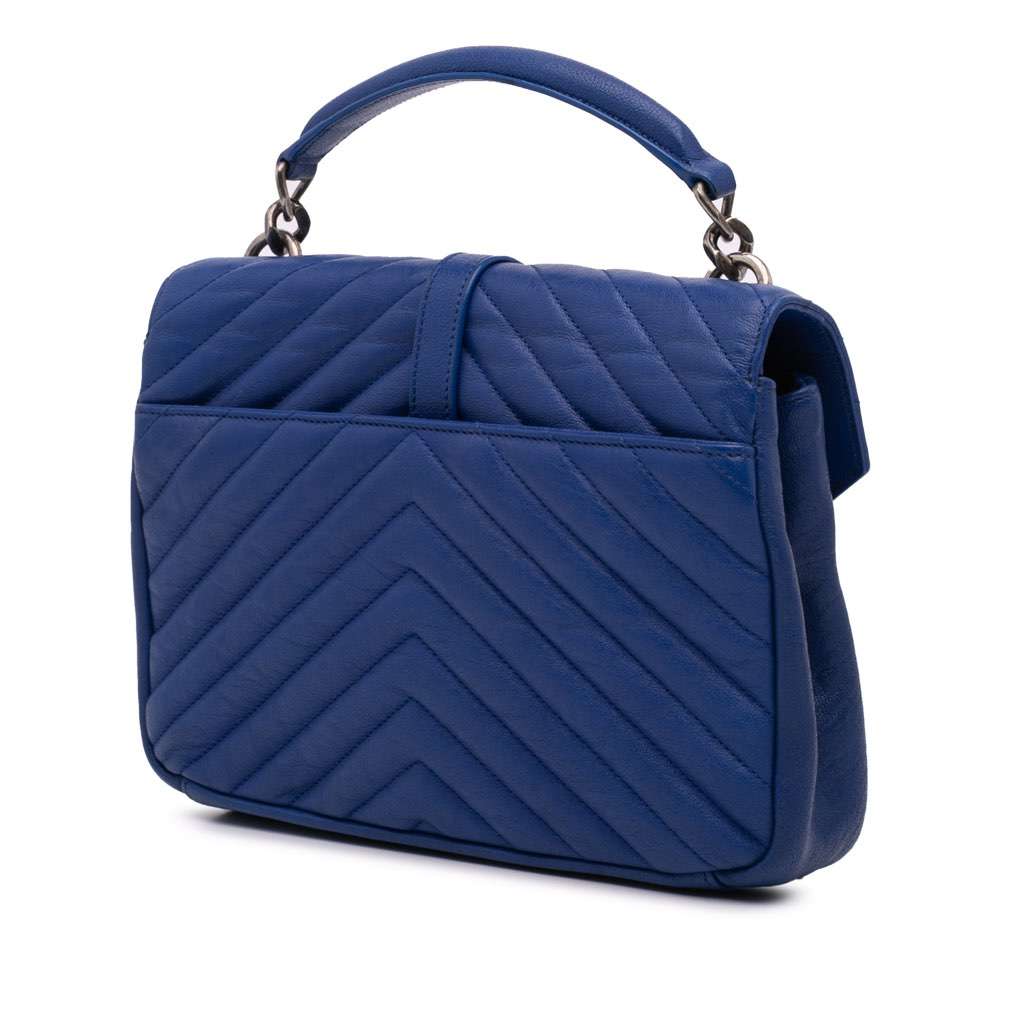 Saint Laurent Medium Quilted Chevron Sheepskin College Satchel Blue Leather Good - Back View