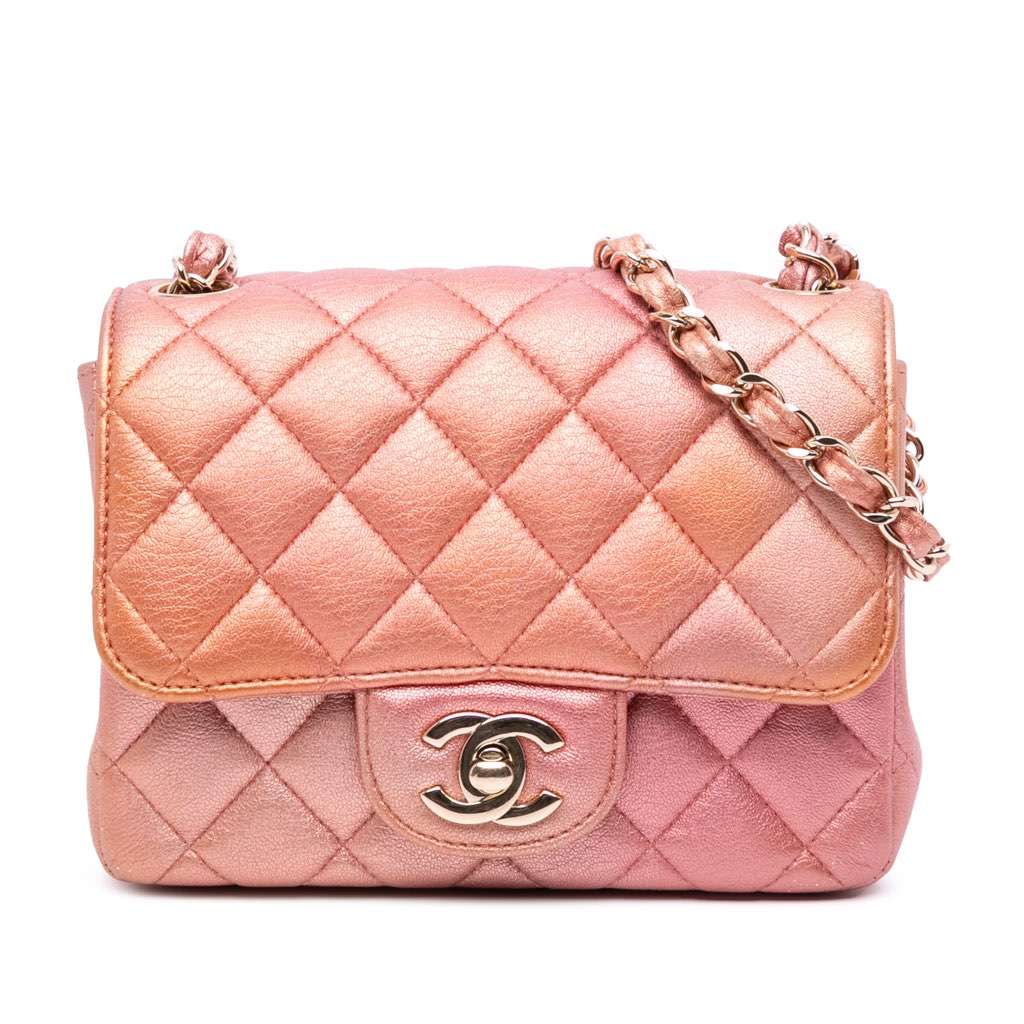 Chanel Mini Square Iridescent Calfskin Flap Orange Leather Good - Front View