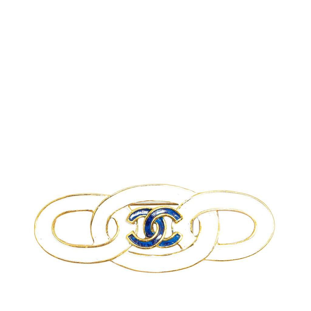 Chanel Gold Plated Enamel CC Brooch White Metal Good condition - Front View