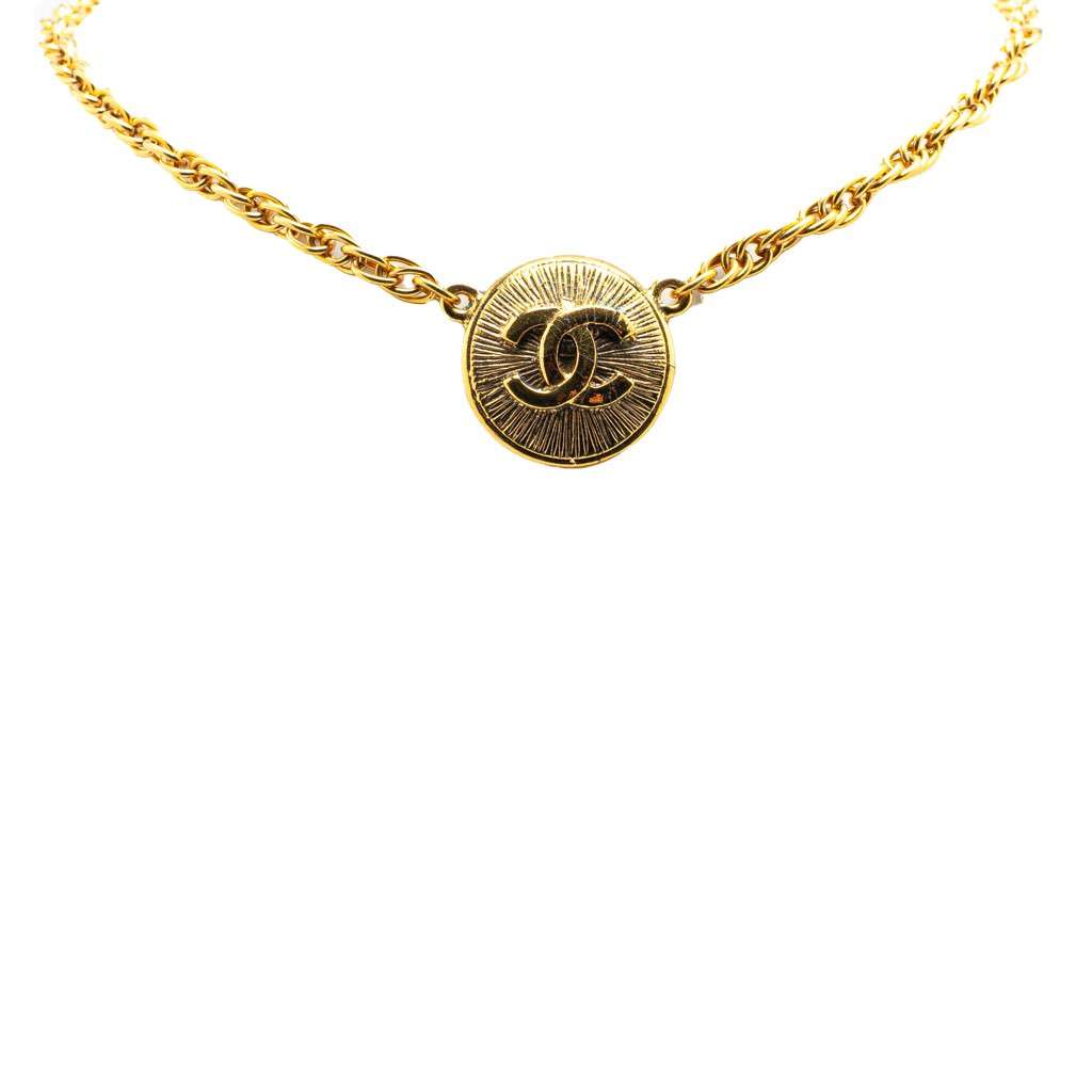 Chanel Gold Plated CC Round Pendant Necklace Gold Metal Good - Front View