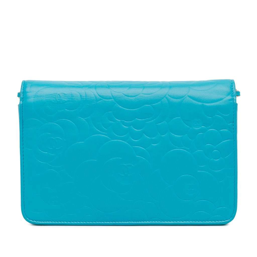 Chanel Lambskin Camellia Embossed Wallet On Chain Blue Leather Good condition - Inside View