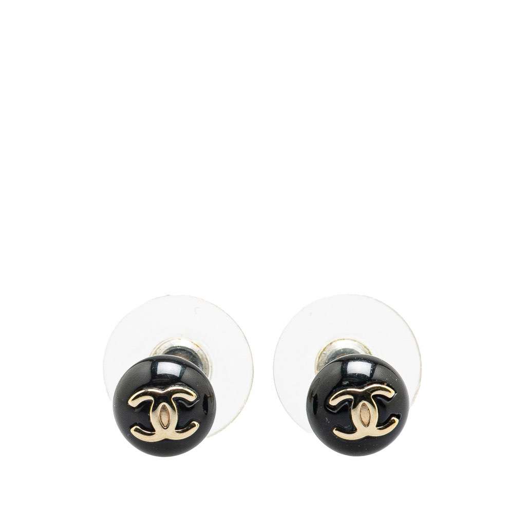 Chanel Resin CC Button Push Back Earrings Black Very good - Front View