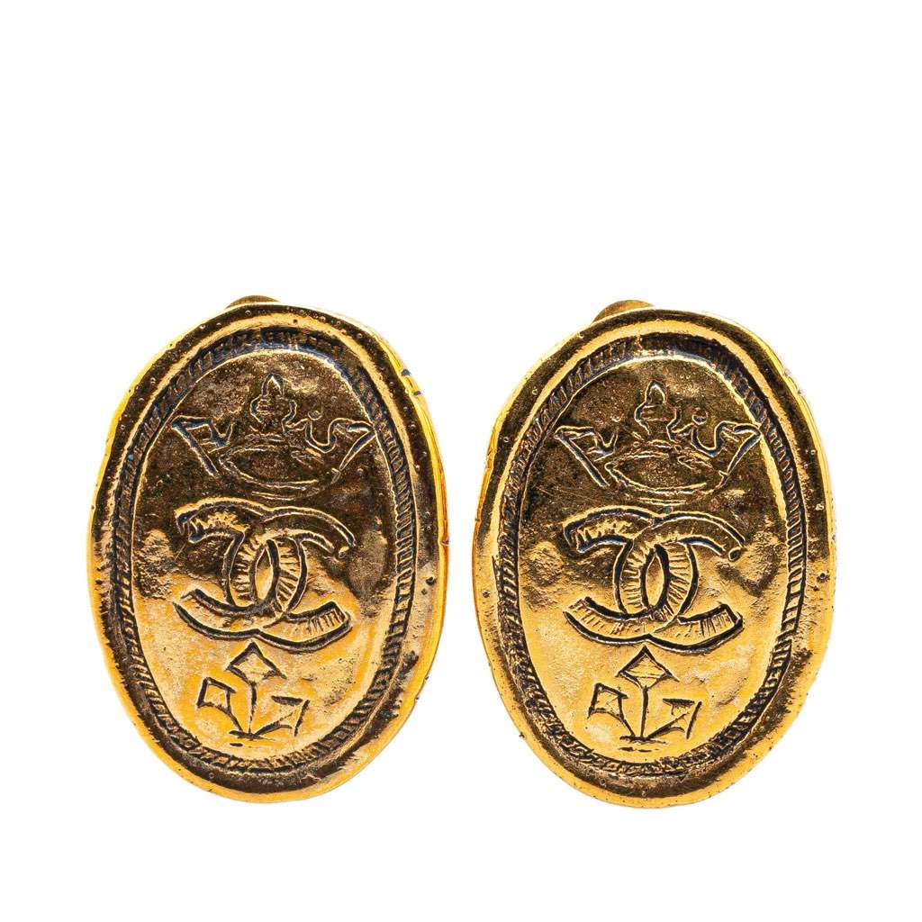 Chanel Gold Plated CC Crown Clip On Earrings Gold Metal Very good - Front View