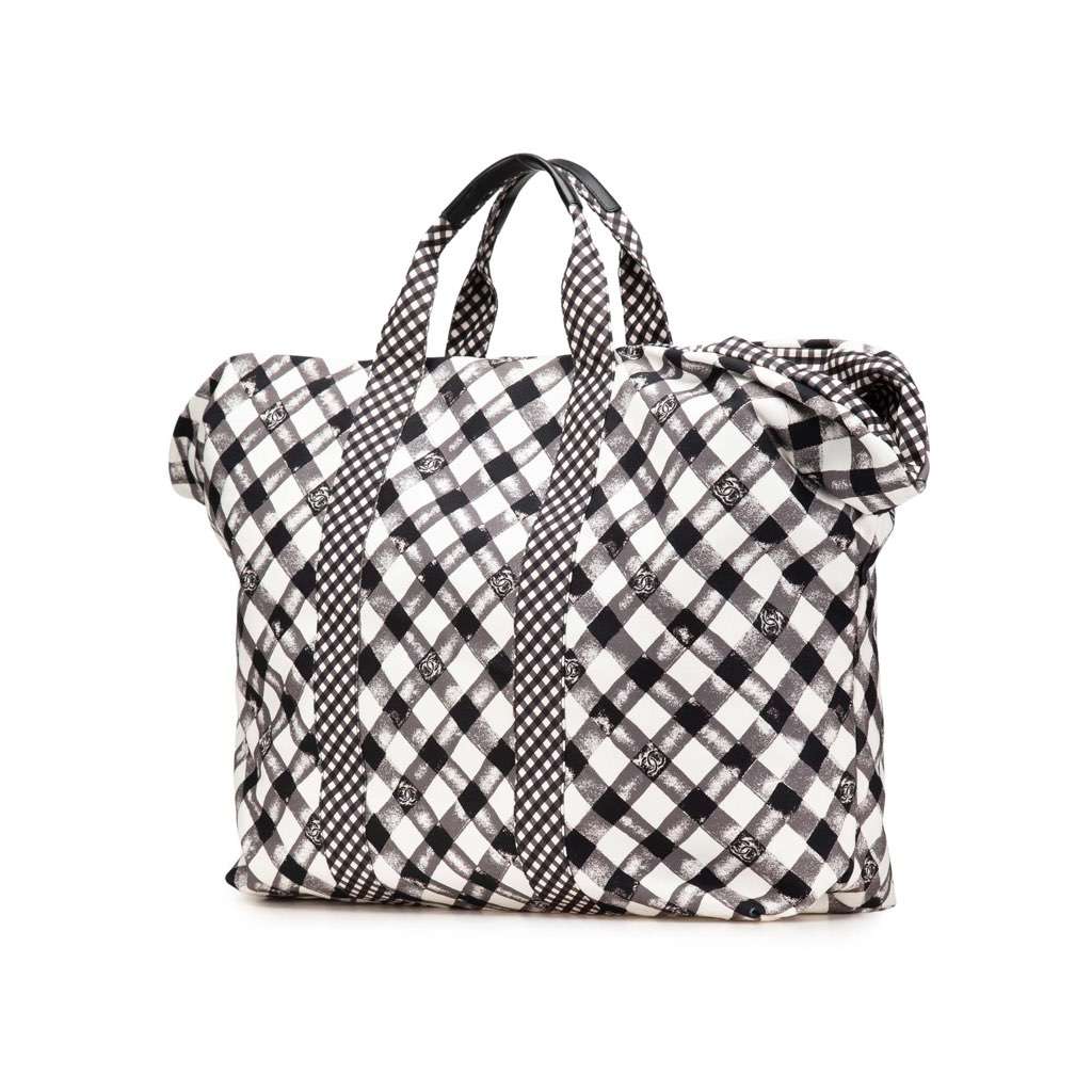 Chanel Printed Canvas Gingham Weekender Tote White Canvas Very good - Back View