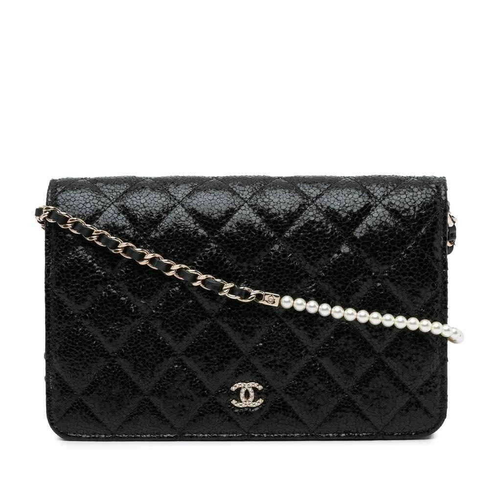 Chanel Quilted Crackled Patent Pearl Strap Wallet On Chain Black Leather Good - Front View