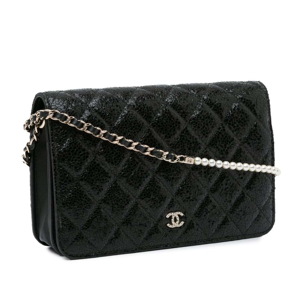 Chanel Quilted Crackled Patent Pearl Strap Wallet On Chain Black Leather Good - Back View
