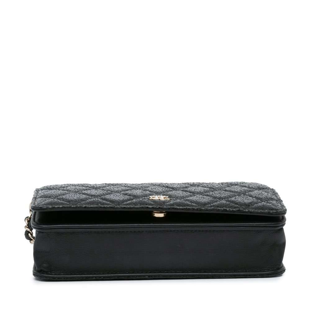 Chanel Quilted Crackled Patent Pearl Strap Wallet On Chain Black Leather Good - Model View