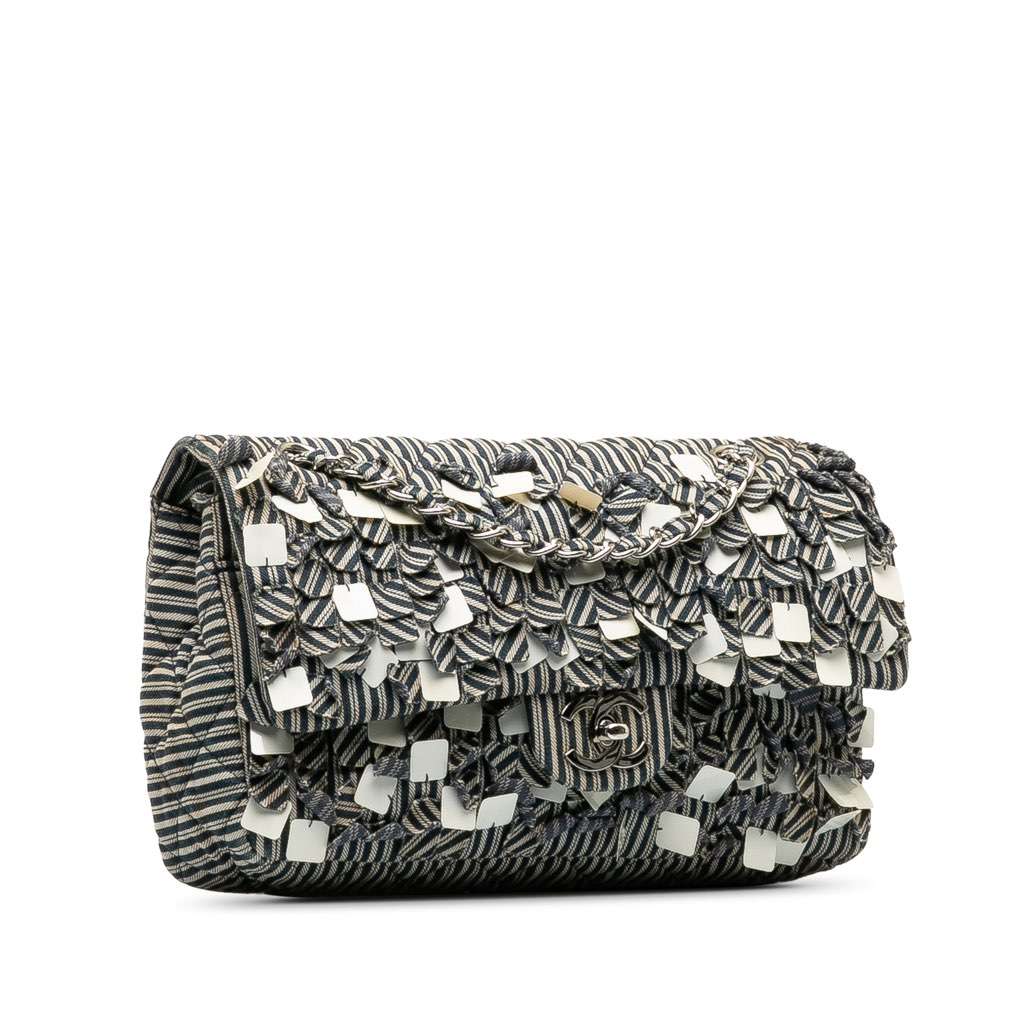 Chanel Medium Cotton Striped Double Flap Blue Cotton Very good - Back View