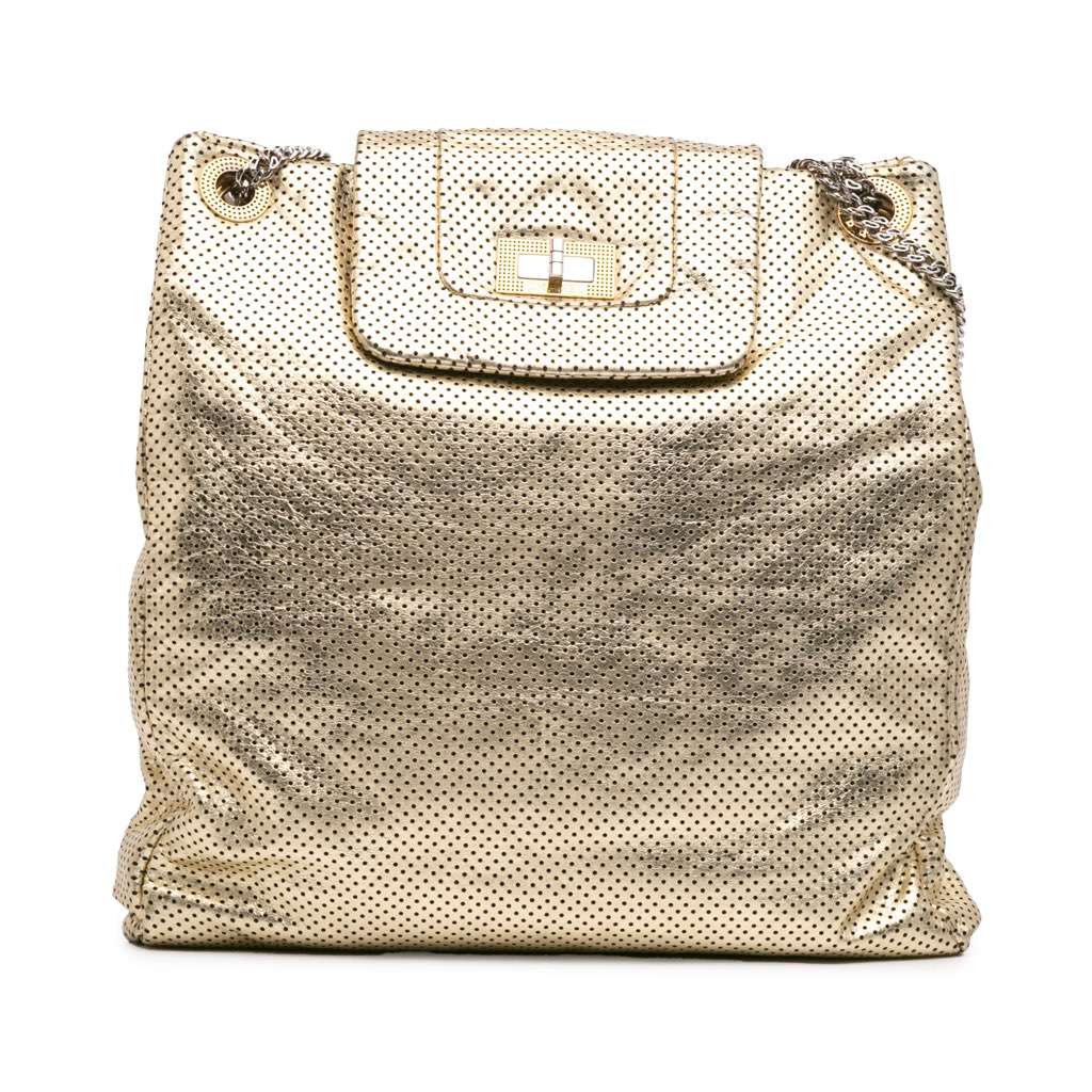 Chanel Perforated Crackled Metallic Calfskin Drill Tote Gold Leather Very good - Front View