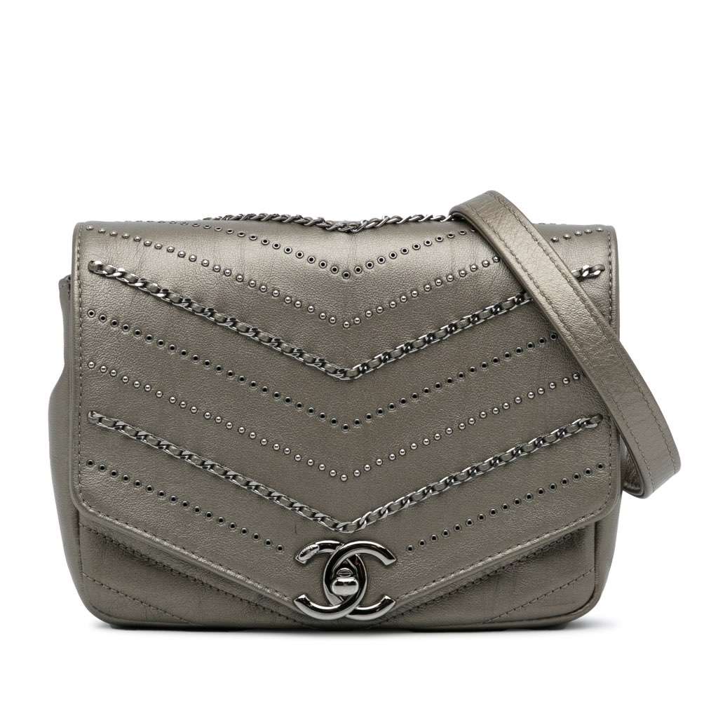 Chanel Mini Embellished Calfskin Chevron Square Envelop Flap Grey Leather Very good - Front View