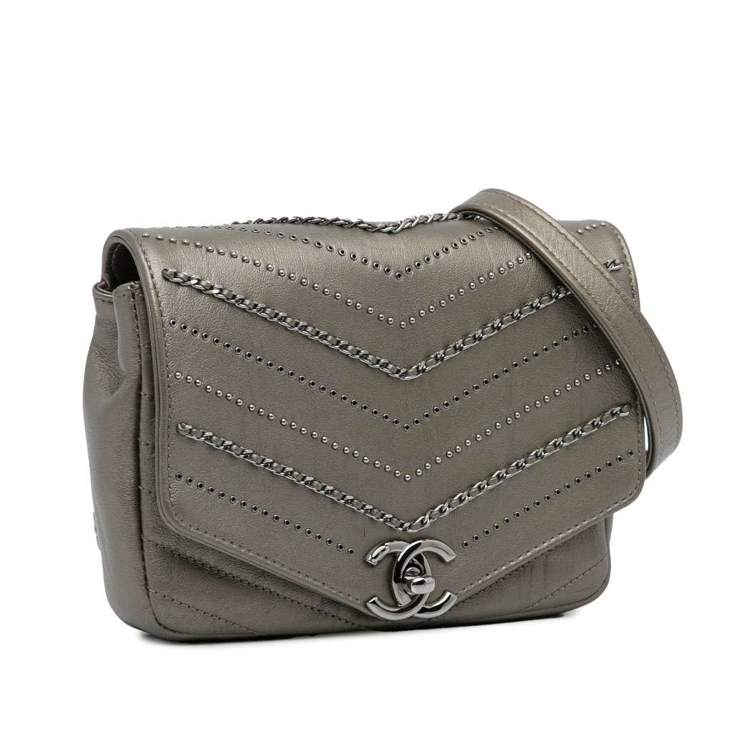 Chanel Mini Embellished Calfskin Chevron Square Envelop Flap Grey Leather Very good - Back View