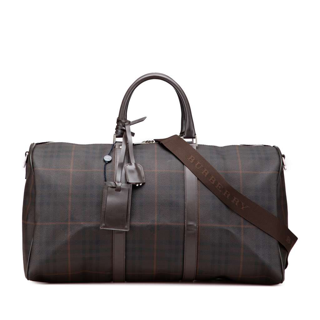 Burberry Tonal Check Coated Canvas Travel Bag Brown Canvas Good - Front View