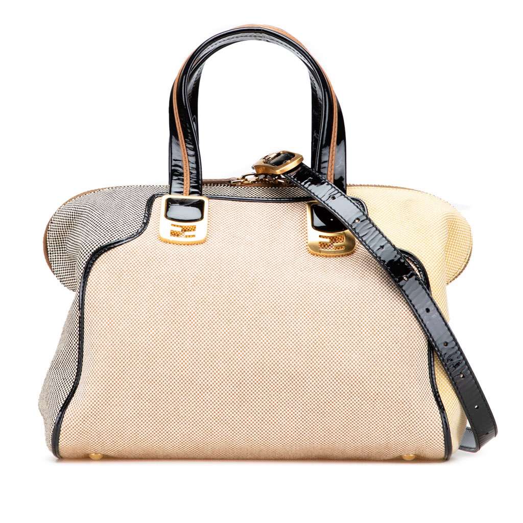 Fendi Canvas Colorblock Chameleon Satchel Brown Canvas Good - Front View