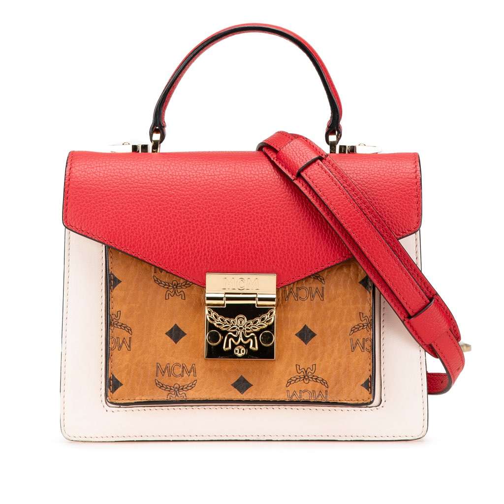 Mcm Small Visetos Coated Canvas Colorblock Patricia Pocket Top Handle Bag Brown Canvas Good - Front View