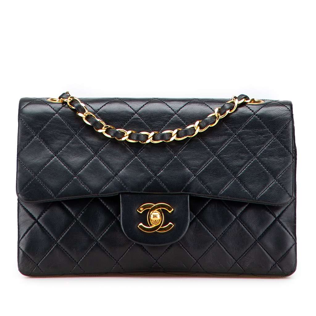 Chanel Small Classic Lambskin Double Flap Black Leather Good - Front View