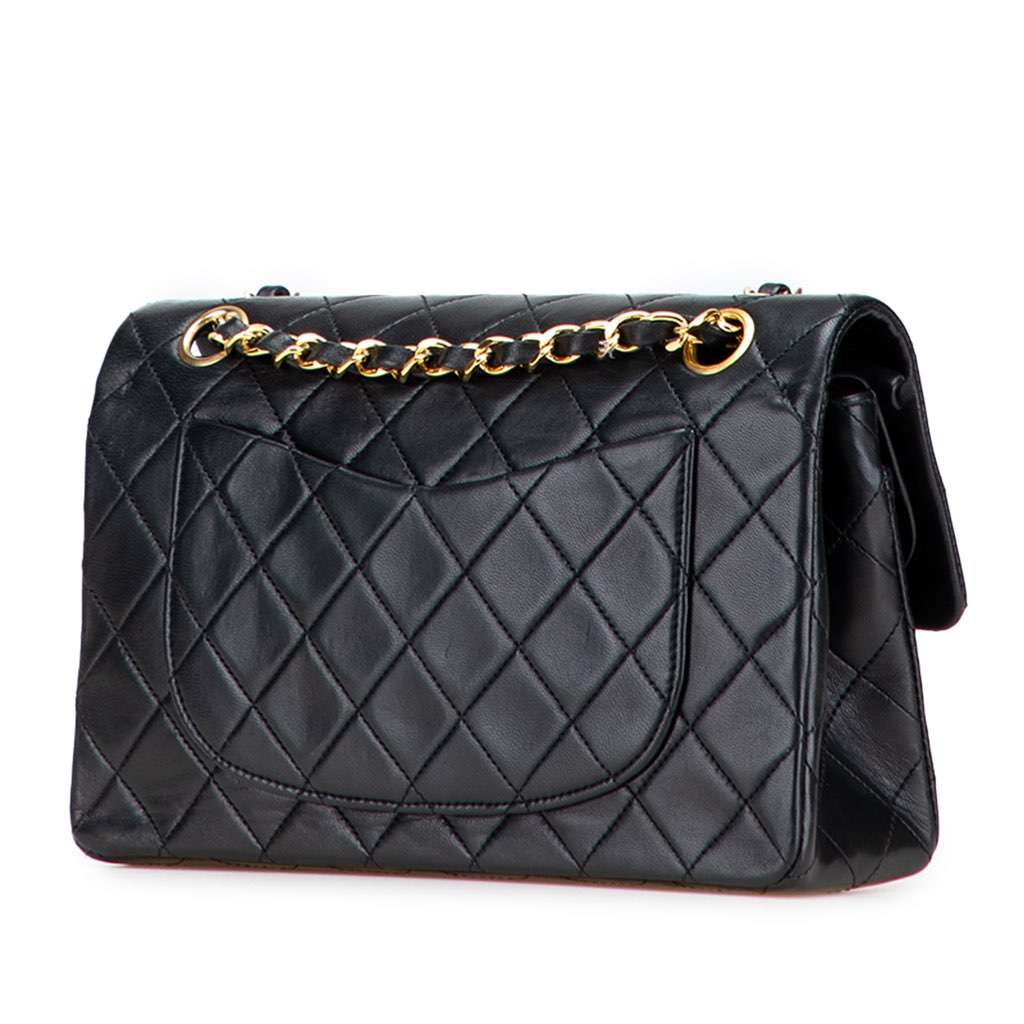Chanel Small Classic Lambskin Double Flap Black Leather Good - Back View