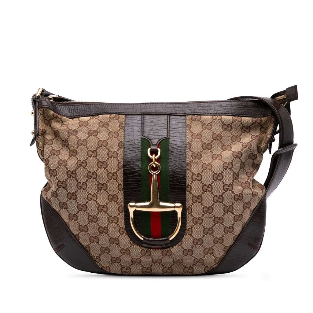 Gucci GG Canvas Hasler Web Crossbody Brown Canvas Good - Front View
