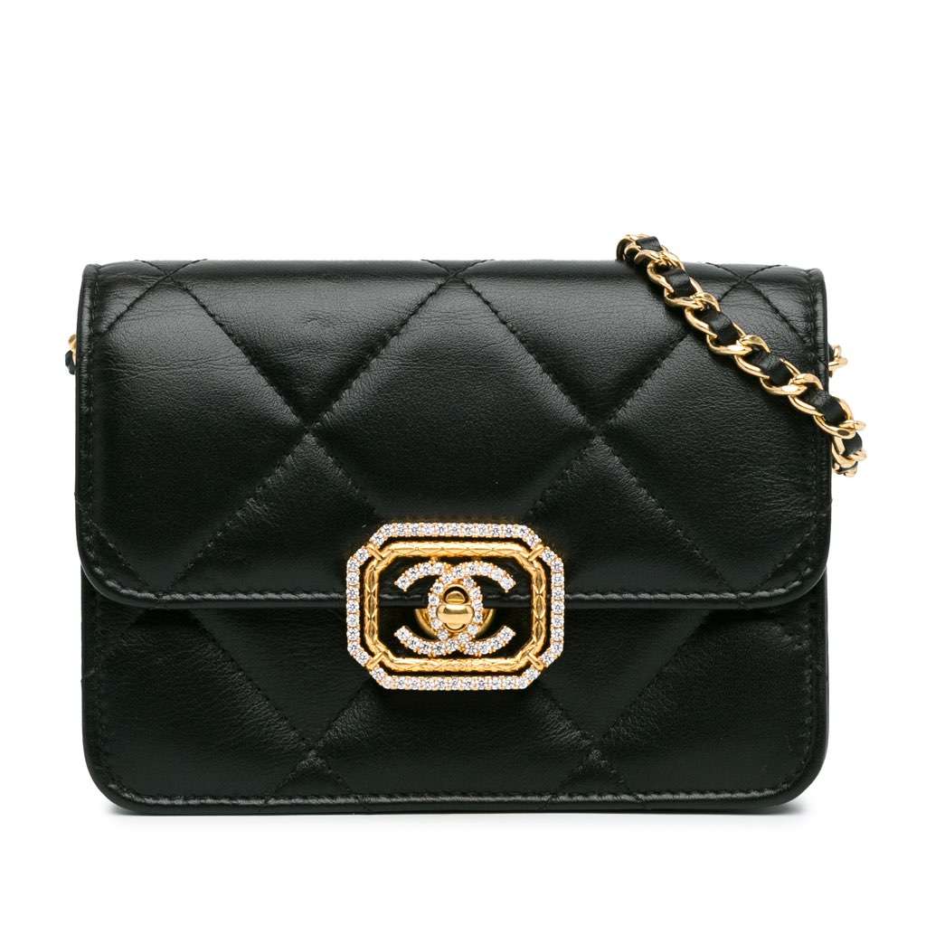 Chanel Quilted Calfskin Strass Clutch With Chain Flap Black Leather Very good - Front View