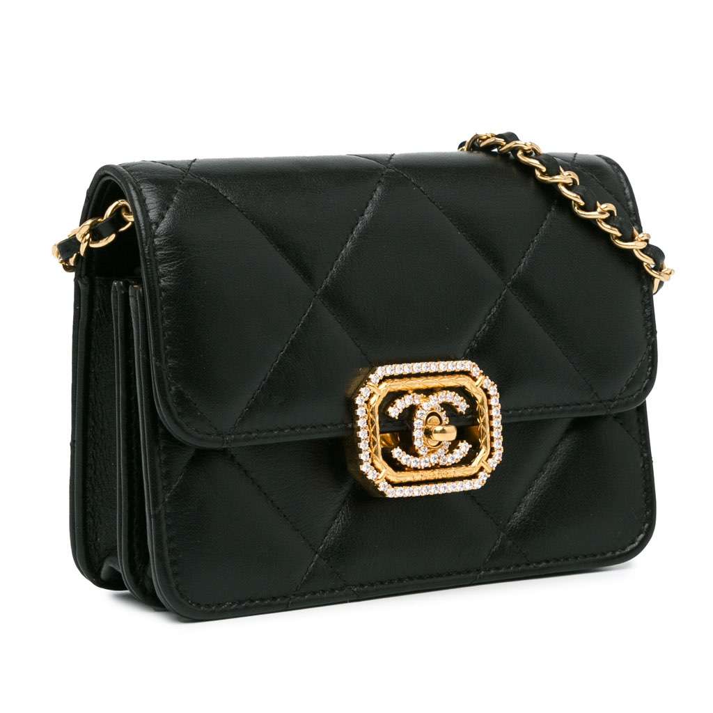Chanel Quilted Calfskin Strass Clutch With Chain Flap Black Leather Very good - Back View