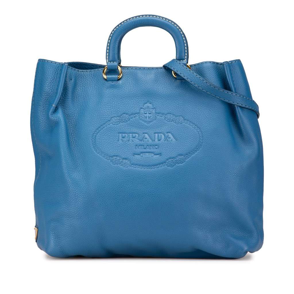 Prada Vitello Daino Canapa Open Convertible Tote Blue Leather Good - Front View