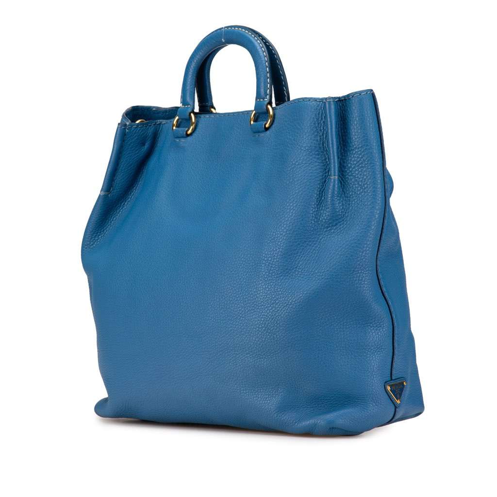 Prada Vitello Daino Canapa Open Convertible Tote Blue Leather Good - Back View