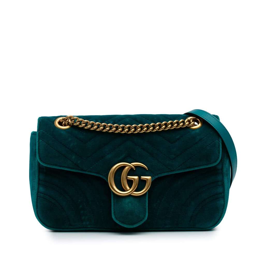 Gucci Small GG Marmont Matelasse Velvet Flap Crossbody Blue Velvet Good - Front View