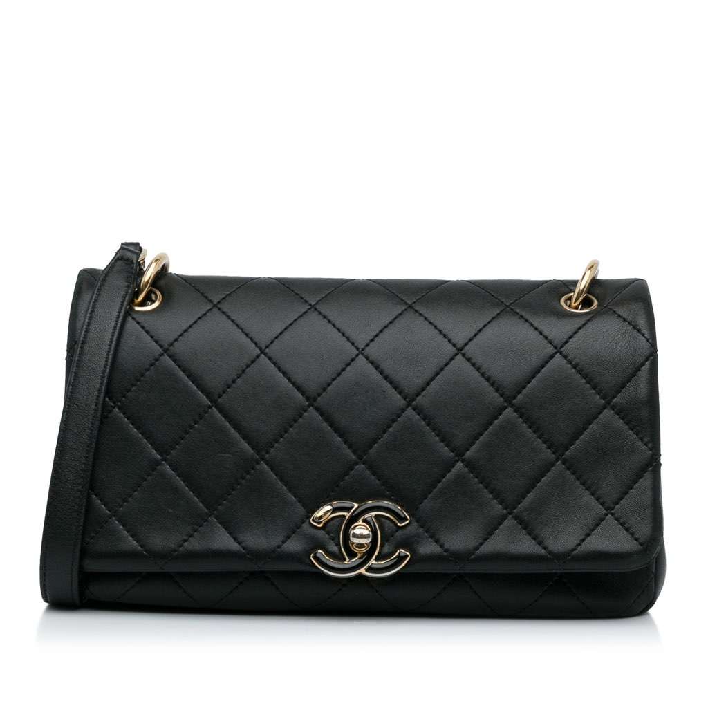 Chanel Large Lambskin Twist Chain Enamel CC Flap Black Leather Very good condition - Front View