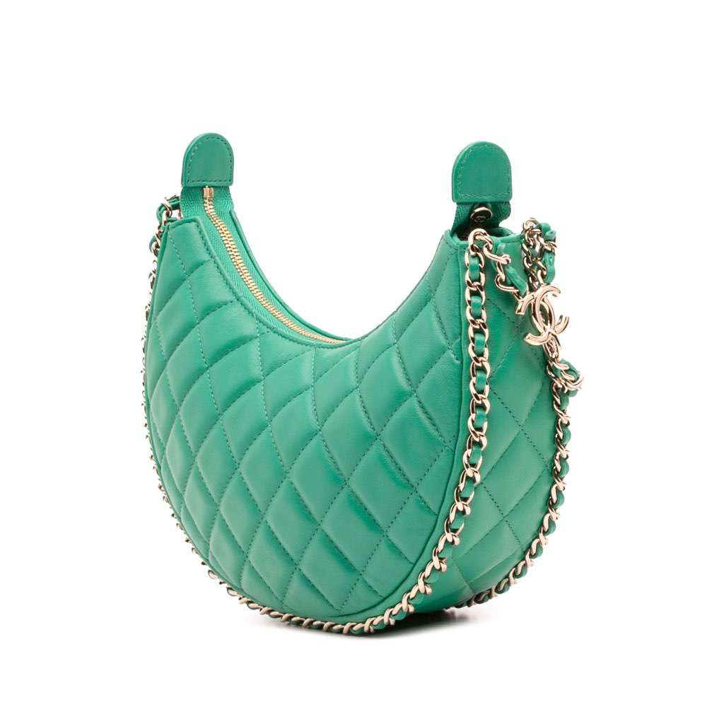 Chanel Small Quilted Lambskin Chain Around Hook Hobo Bag Green Leather Very good - Back View