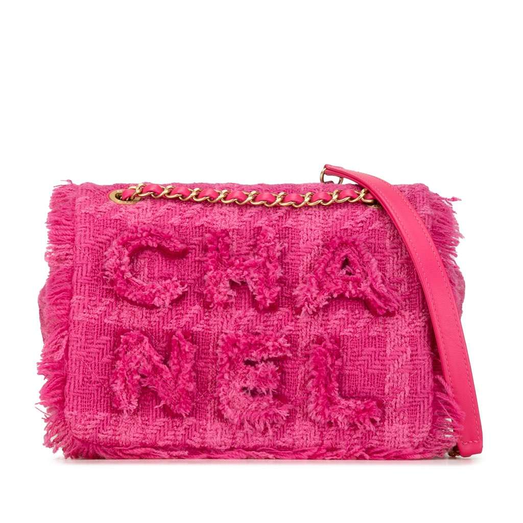 Chanel Wool Tweed Giant Logo Flap Pink Tweed Good - Front View