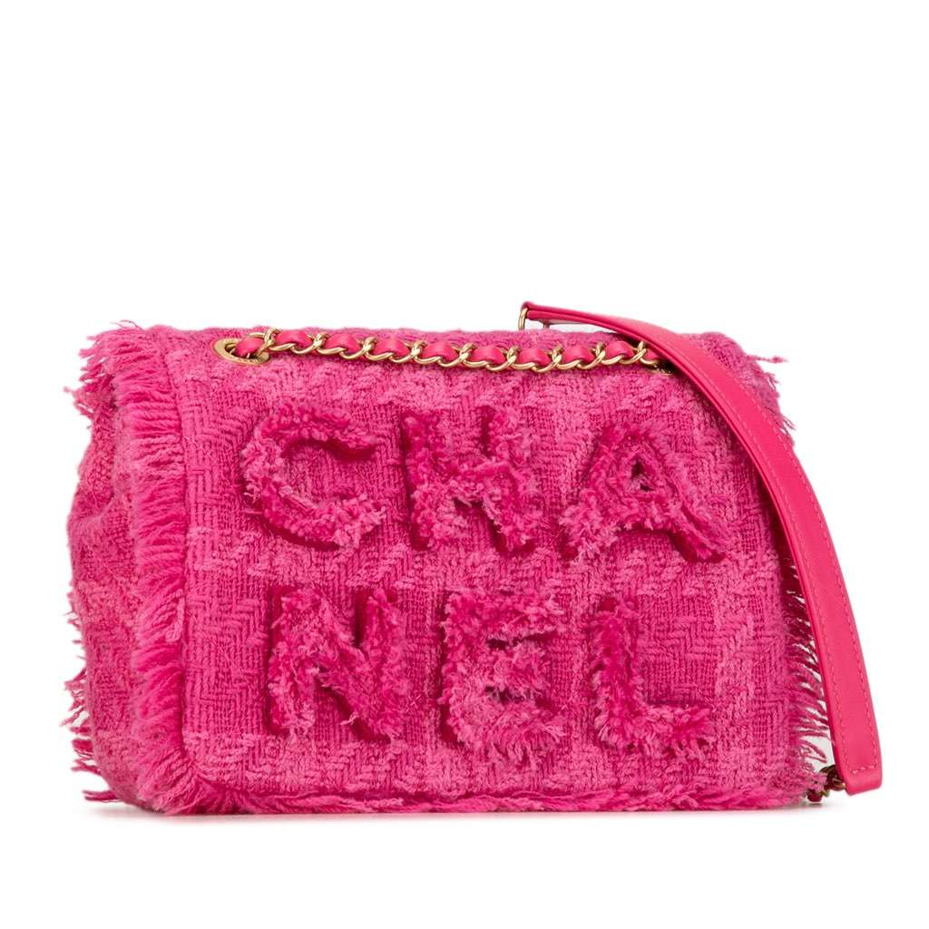 Chanel Wool Tweed Giant Logo Flap Pink Tweed Good - Back View