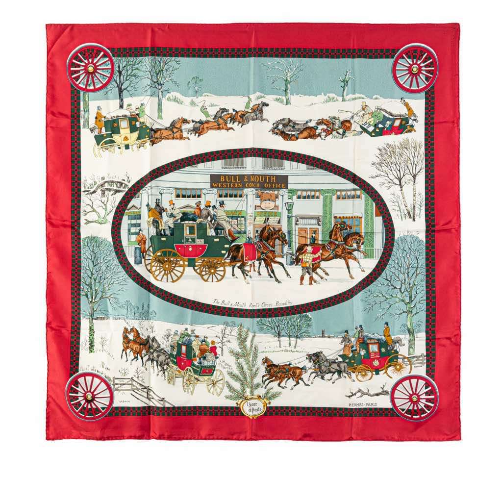 Hermès Bull & Mouth Western Coach Office Silk Scarf Red Silk Good condition - Front View