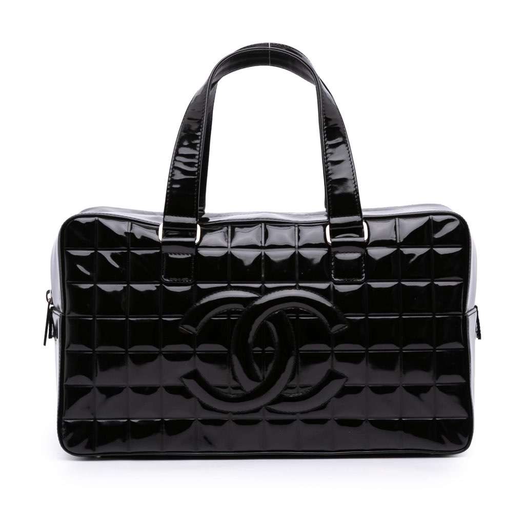 Chanel CC Chocolate Bar Patent Bowler Bag Black Leather Good - Front View