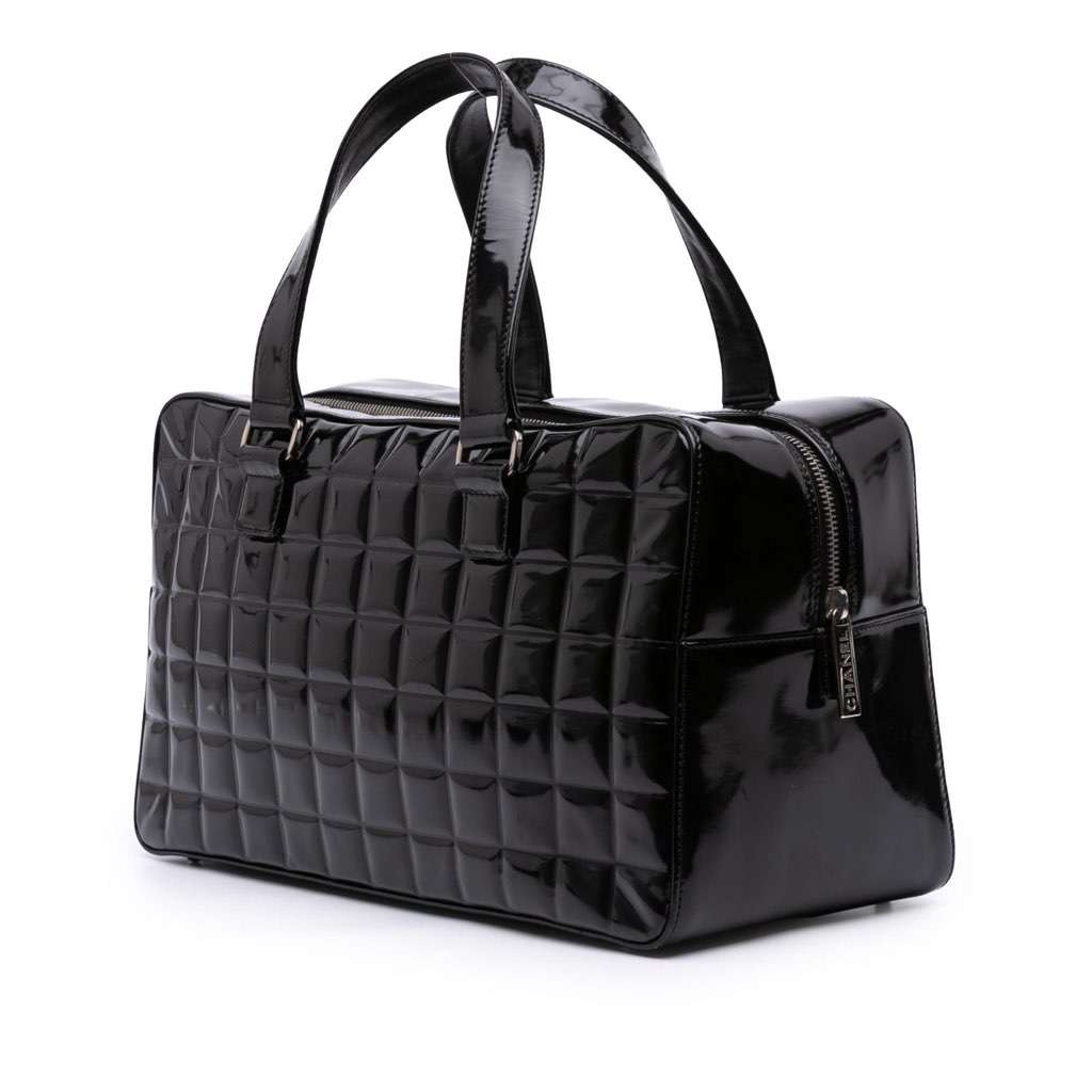 Chanel CC Chocolate Bar Patent Bowler Bag Black Leather Good - Back View