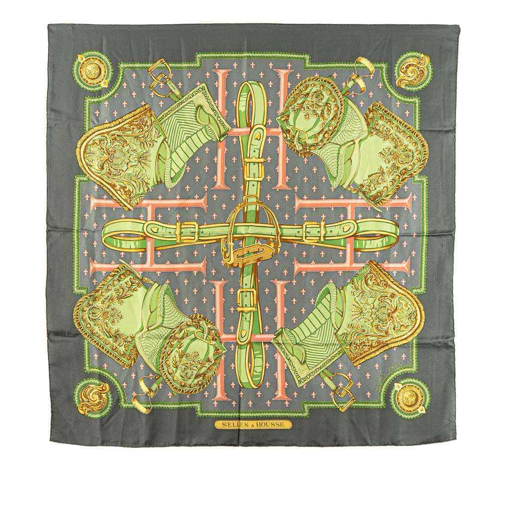 Hermès Selles A Housse Silk Scarf Green Silk Good condition - Front View