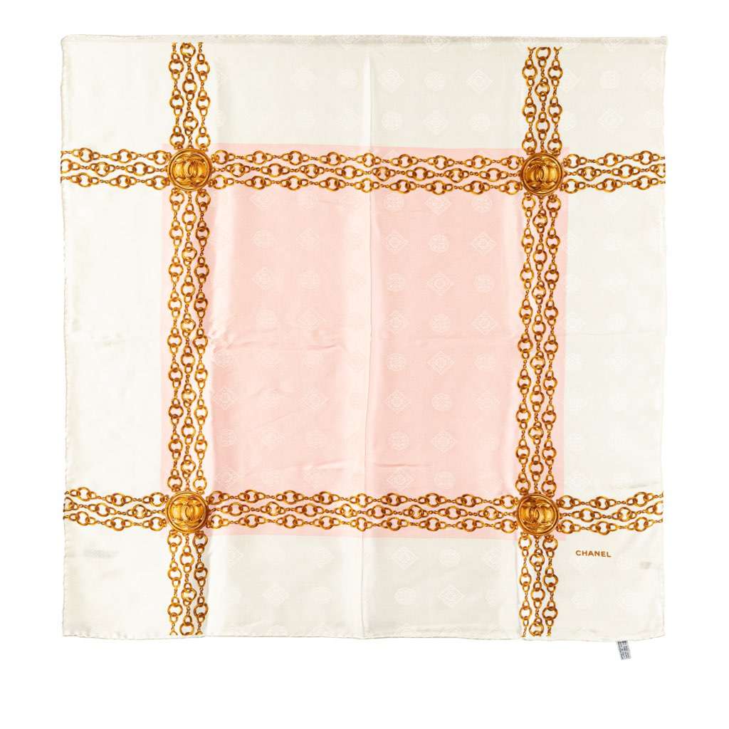 Chanel Chain Printed Silk Scarf White Silk Good condition - Front View