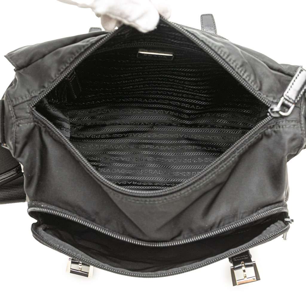 Prada Tessuto Zip Double Buckle Messenger Bag Black Good condition - Model View