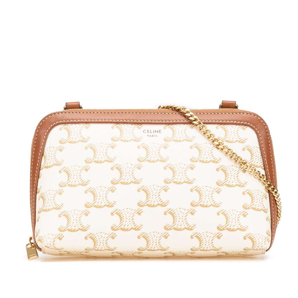 Celine Triomphe Coated Canvas Clutch On Chain White Canvas Very good - Front View