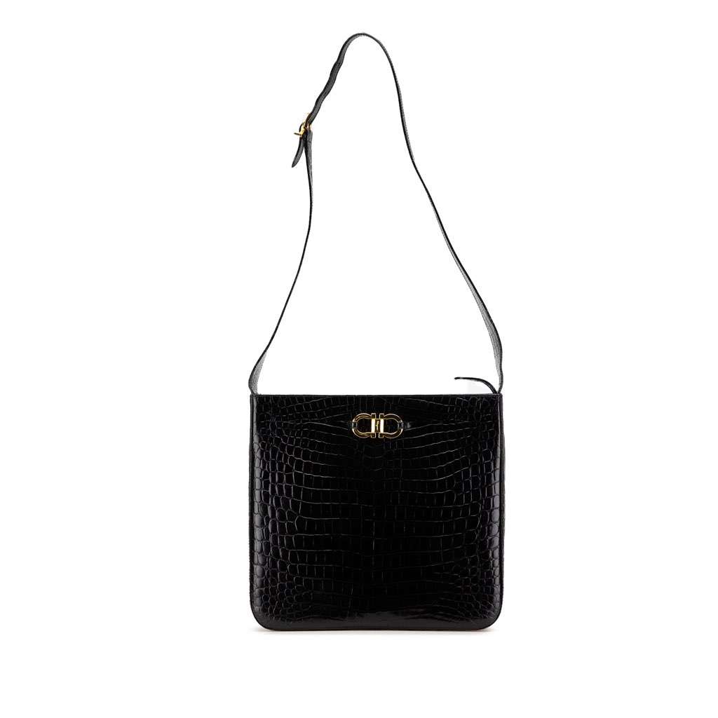 Salvatore Ferragamo Croc Embossed Leather Gancini Crossbody Black Leather Good - Front View