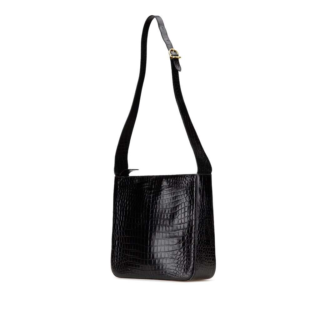 Salvatore Ferragamo Croc Embossed Leather Gancini Crossbody Black Leather Good - Back View