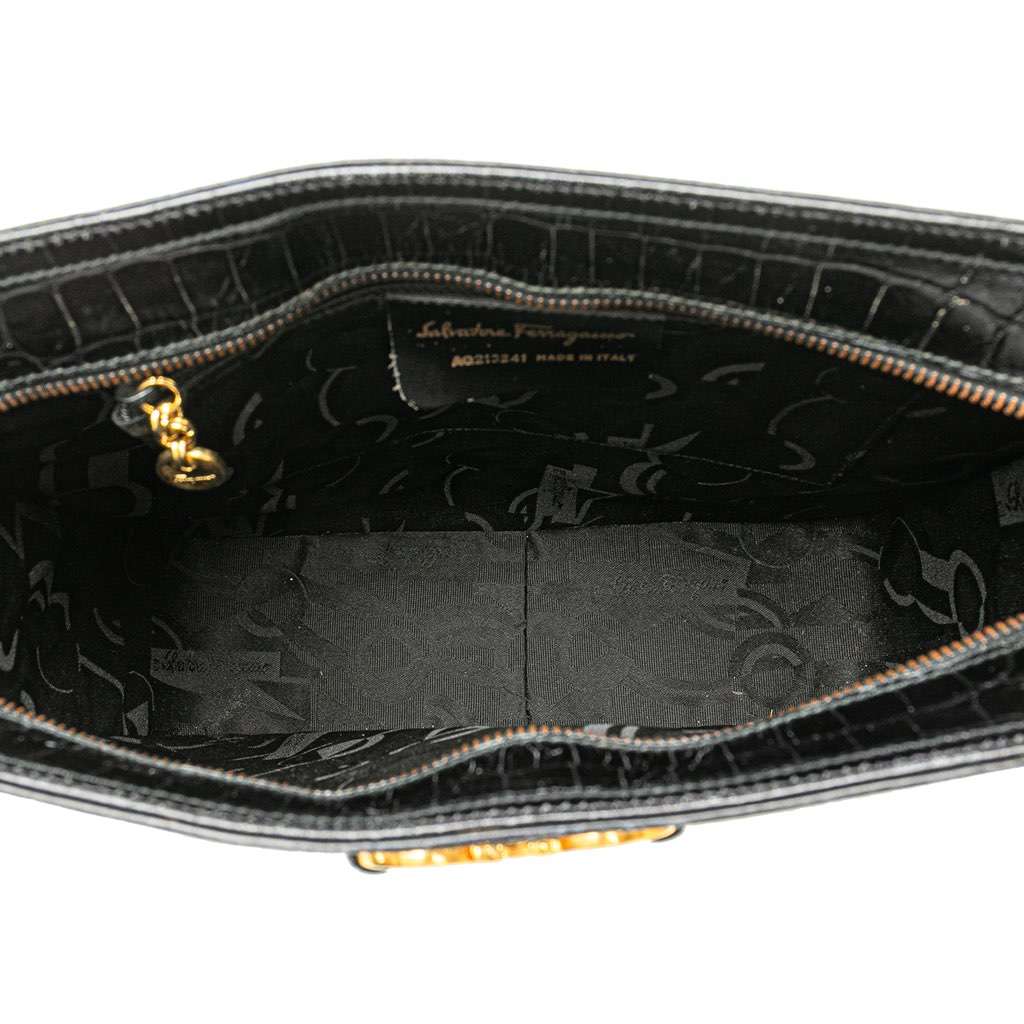 Salvatore Ferragamo Croc Embossed Leather Gancini Crossbody Black Leather Good - Model View
