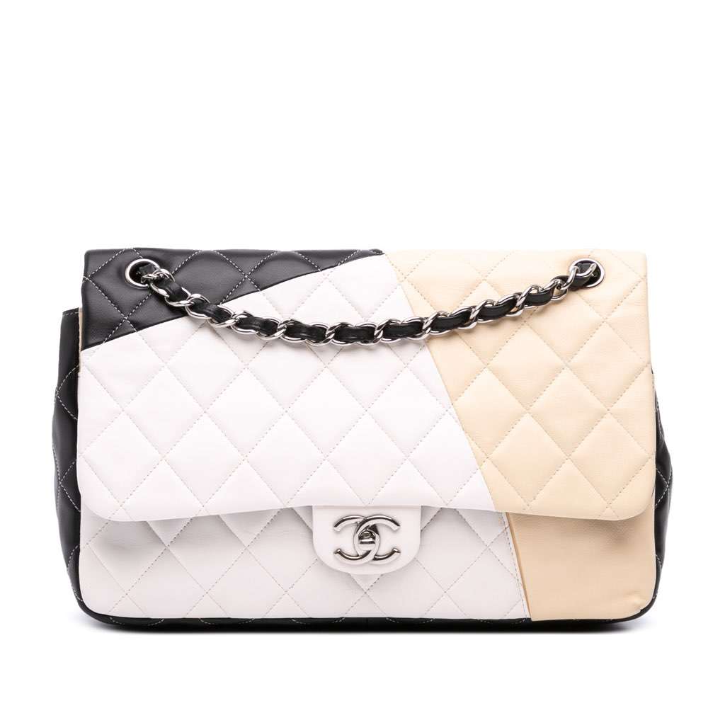 Chanel Jumbo Classic Tricolor Lambskin Colorblock Double Flap Brown Leather Good - Front View