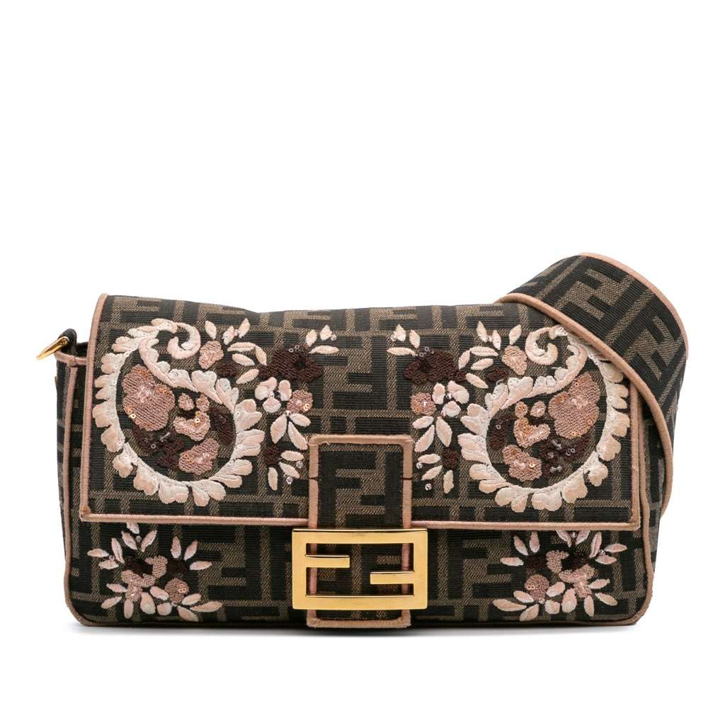 Fendi Zucca Canvas Paisley Embroidery Baguette Satchel Brown Canvas Good - Front View