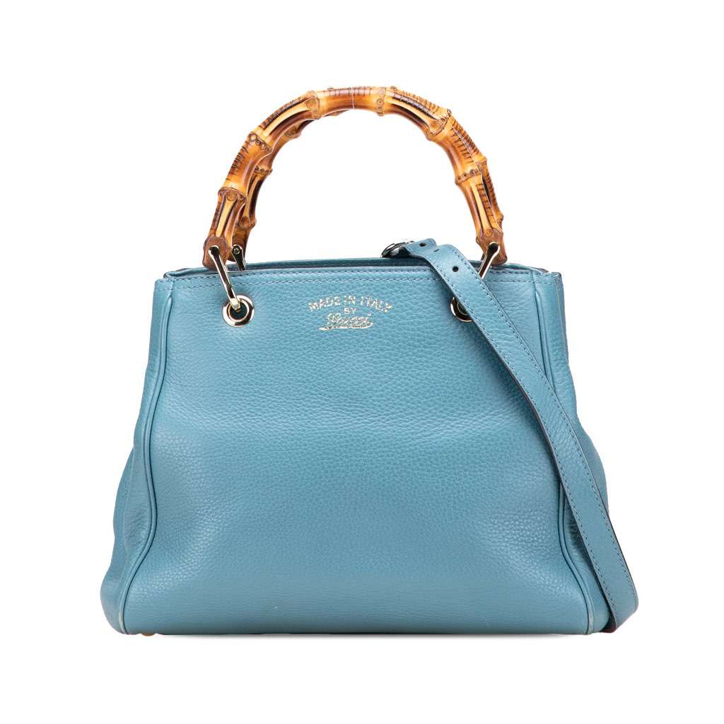 Gucci Small Calfskin Bamboo Shopper Satchel Blue Leather Good - Front View