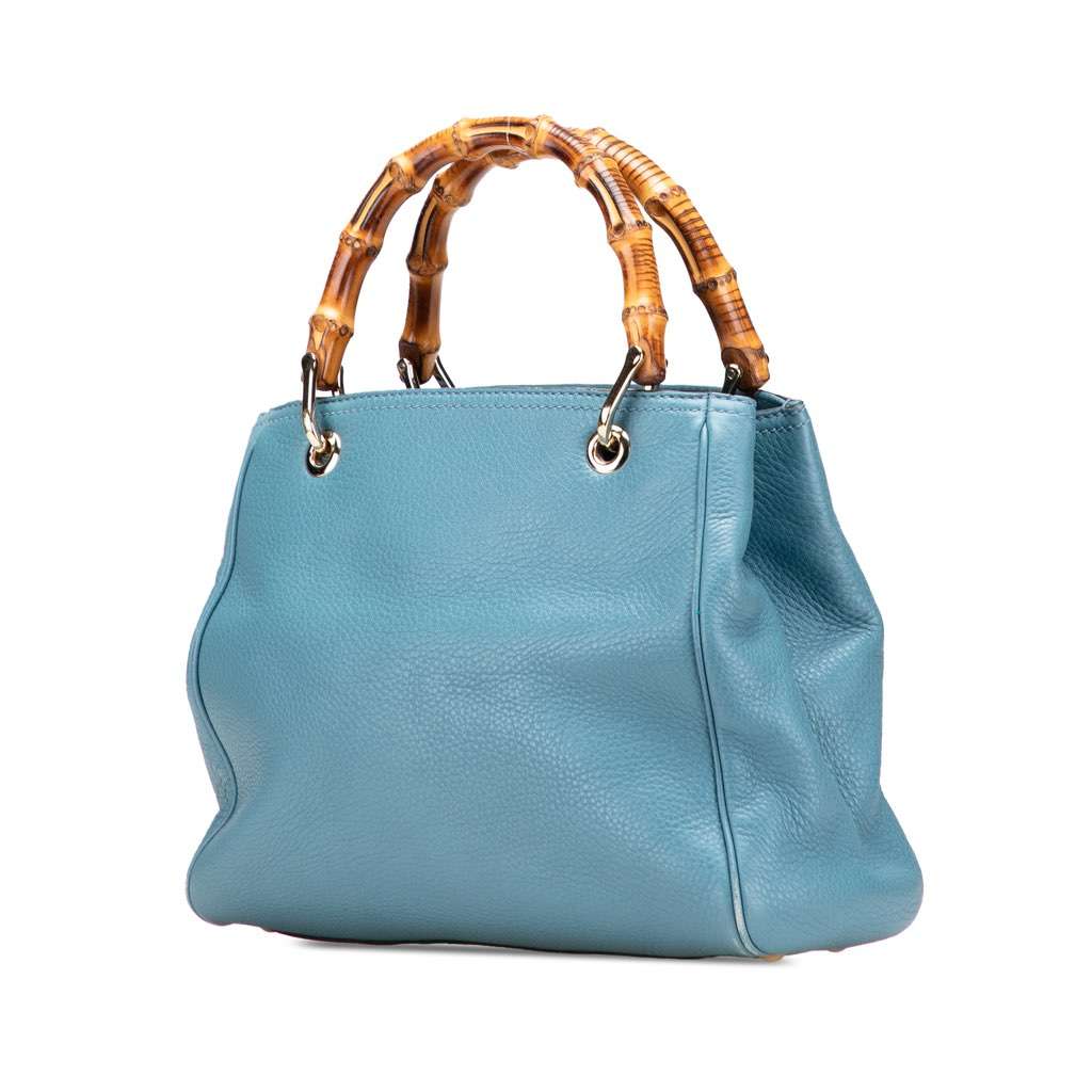 Gucci Small Calfskin Bamboo Shopper Satchel Blue Leather Good - Back View