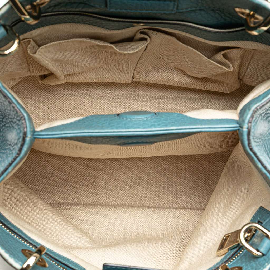Gucci Small Calfskin Bamboo Shopper Satchel Blue Leather Good - Model View