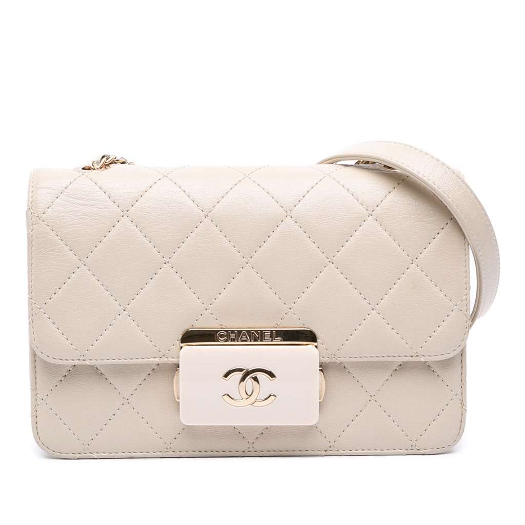 Chanel Mini Lambskin Beauty Lock Flap White Leather Good - Front View