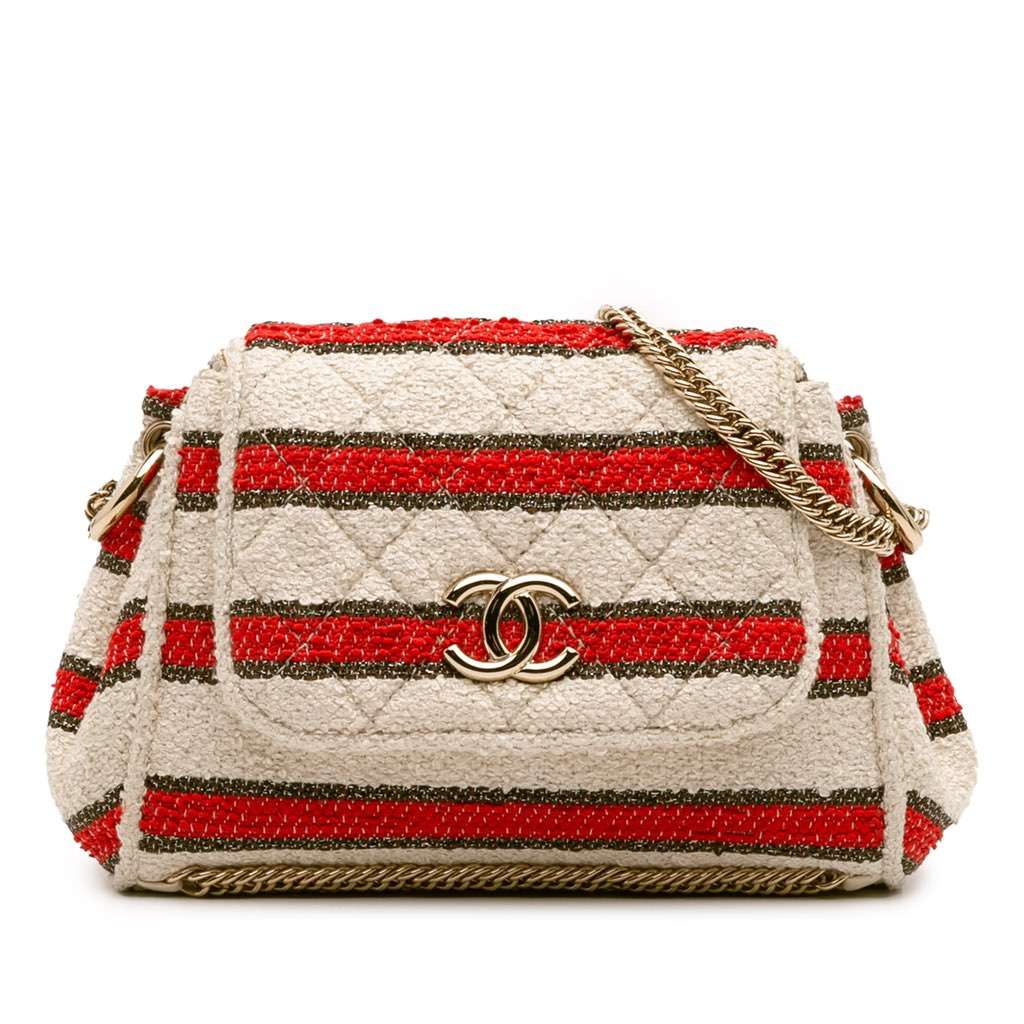 Chanel CC Quilted Tweed Striped Single Flap White Tweed Good - Front View